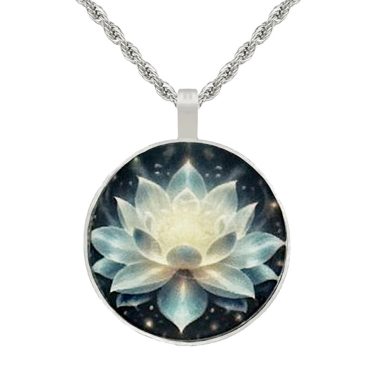 Small Lotus Flower Printed Pendant, Stainless Steel Rope Chain Necklace, Feminine Gift for Her