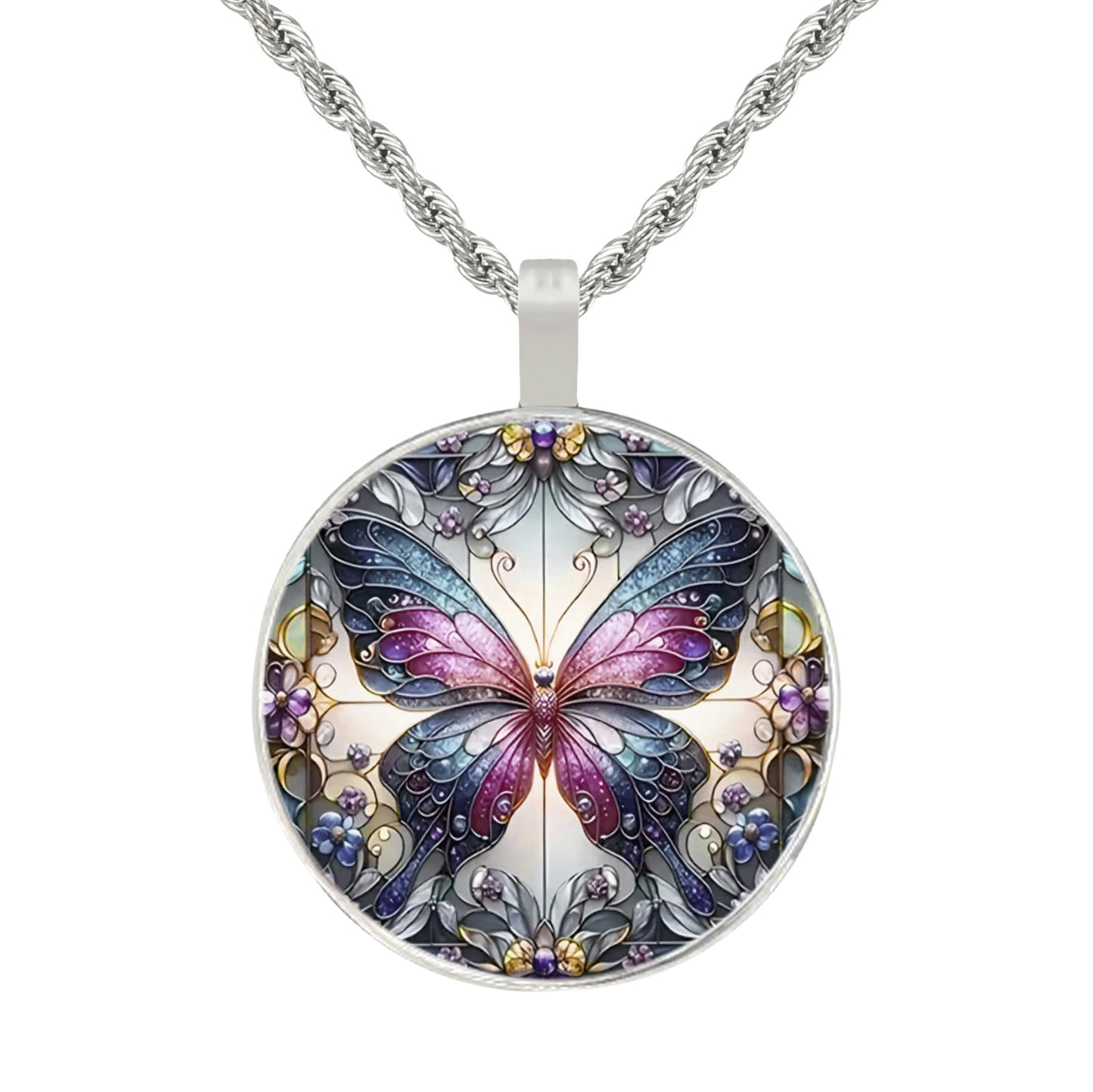 Intricate Highly Detailed Colorful Small Butterfly Printed Pendant, Stainless Steel Rope Necklace, Gift for Her