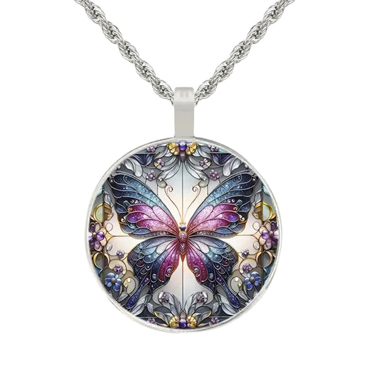 Intricate Highly Detailed Colorful Small Butterfly Printed Pendant, Stainless Steel Rope Necklace, Gift for Her