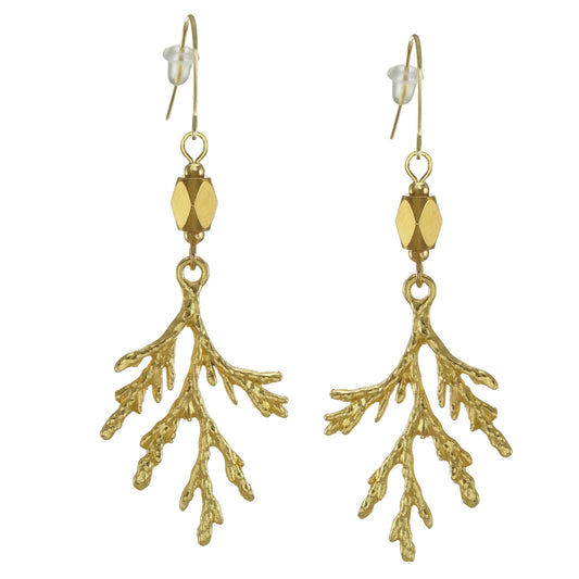 Gold Cedar Tree Branch Beaded Earrings, Juniper Spruce Twig Earrings, Modern Minimalist, Everyday Earrings, 18K Gold Ear Wires