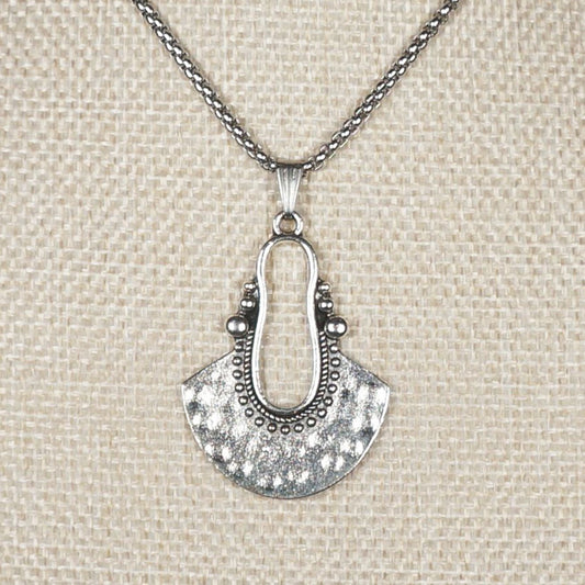 Rustic Silver Fan Shape Boho Pendant, Stainless Steel Chain Necklace, Length Choices, Gift for Her