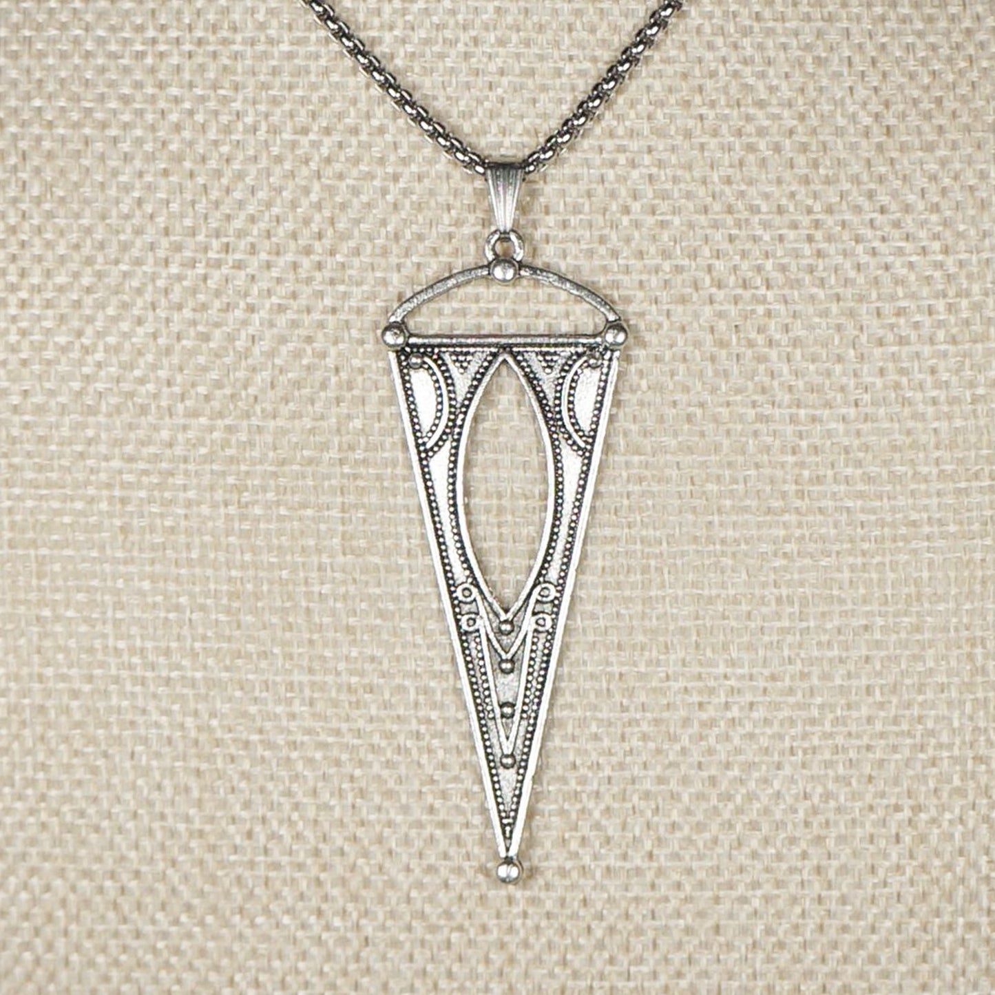 Rustic Silver Triangle Western Themed Boho Pendant, Stainless Steel Chain Necklace, Length Choices