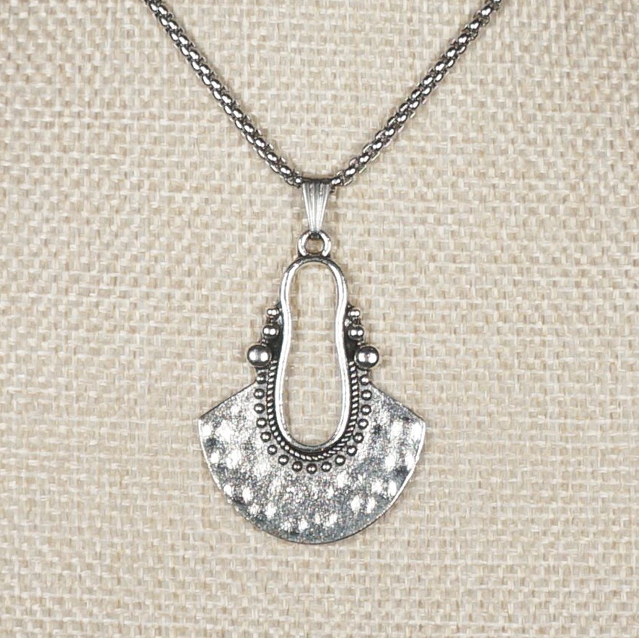 Rustic Silver Fan Shape Boho Pendant, Stainless Steel Chain Necklace, Length Choices, Gift for Her