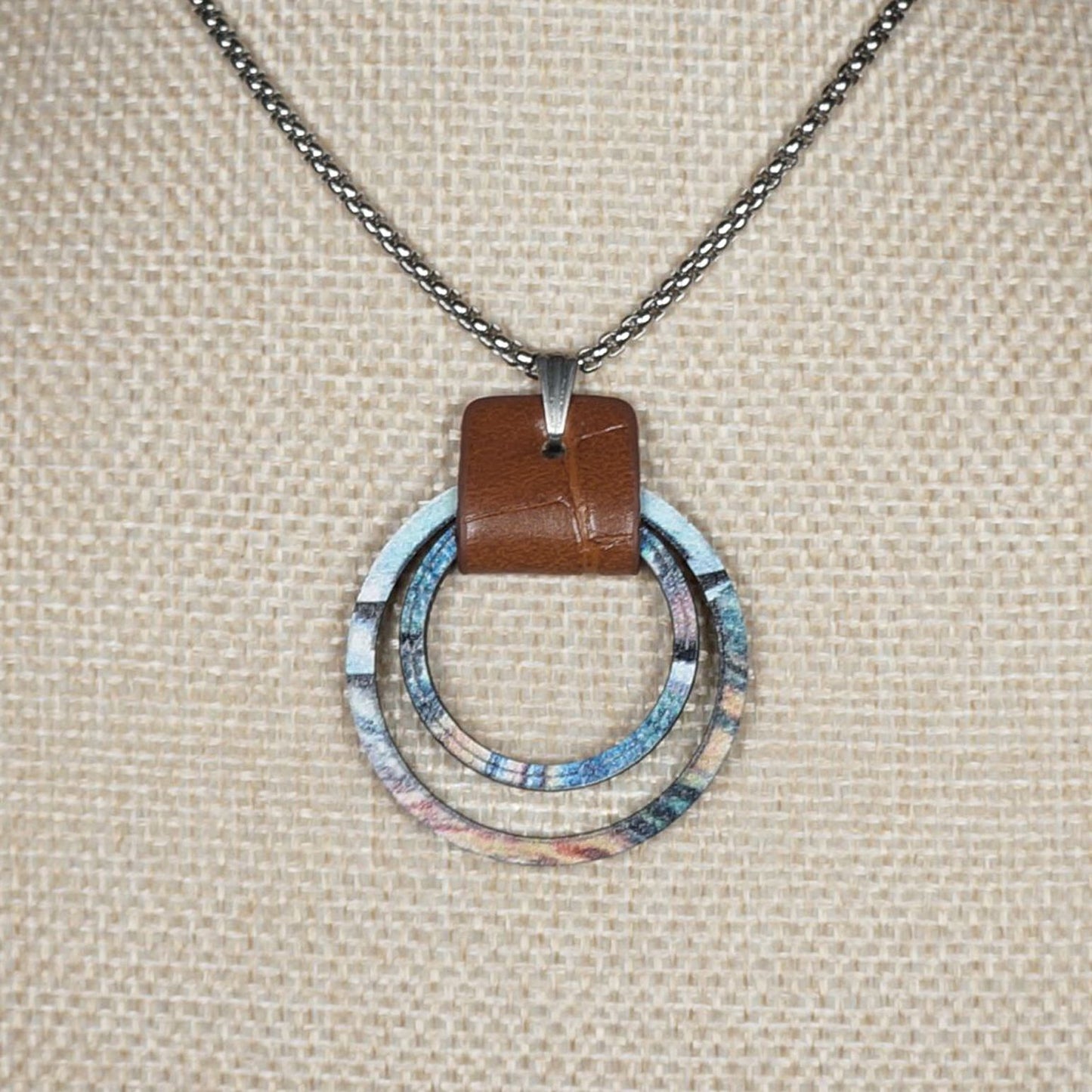 Rustic Blue Wood Hoop & Leather Pendant, Stainless Steel Chain Necklace, Length Choices