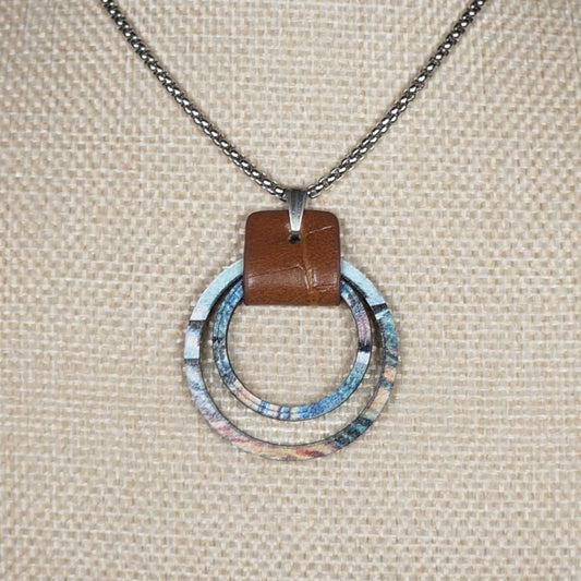 Rustic Blue Wood Hoop & Leather Pendant, Stainless Steel Chain Necklace, Length Choices