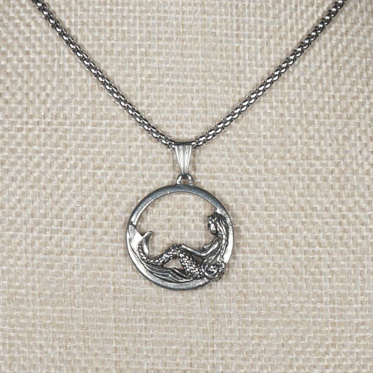 Silver High Detail Mermaid Boho Pendant, Stainless Steel Chain Necklace, Length Choices, Gift for Her