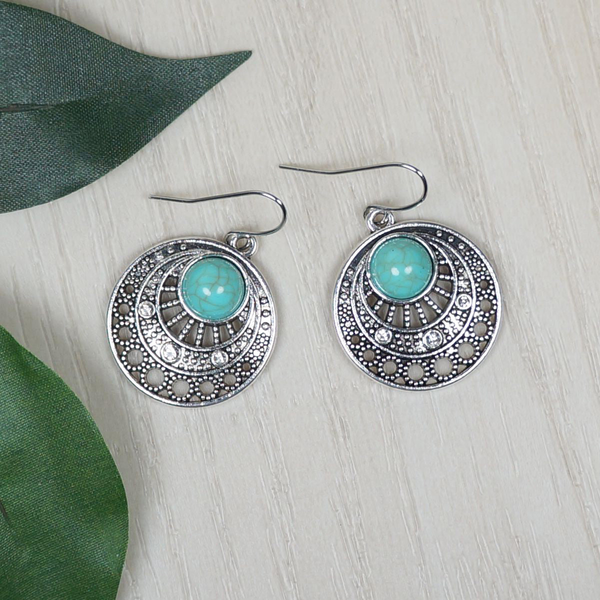 Turquoise and Silver Round Boho Dangle Earrings, Hypoallergenic Platinum Ear Wires, Gift for Her
