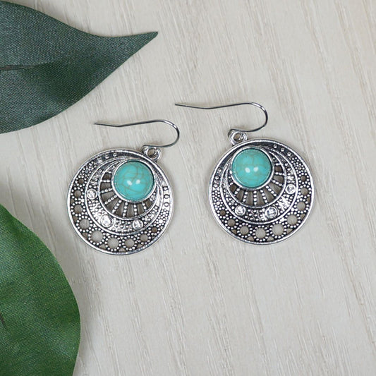 Turquoise and Silver Round Boho Dangle Earrings, Hypoallergenic Platinum Ear Wires, Gift for Her