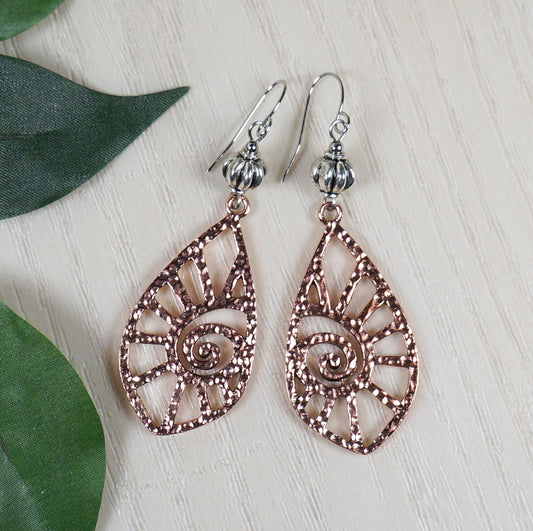 Bright Copper Hammered Swirl Teardrop and Silver Fluted Bead, Mixed Metal Boho Earrings, Hypoallergenic Platinum Ear Wires, Gift for Hery)