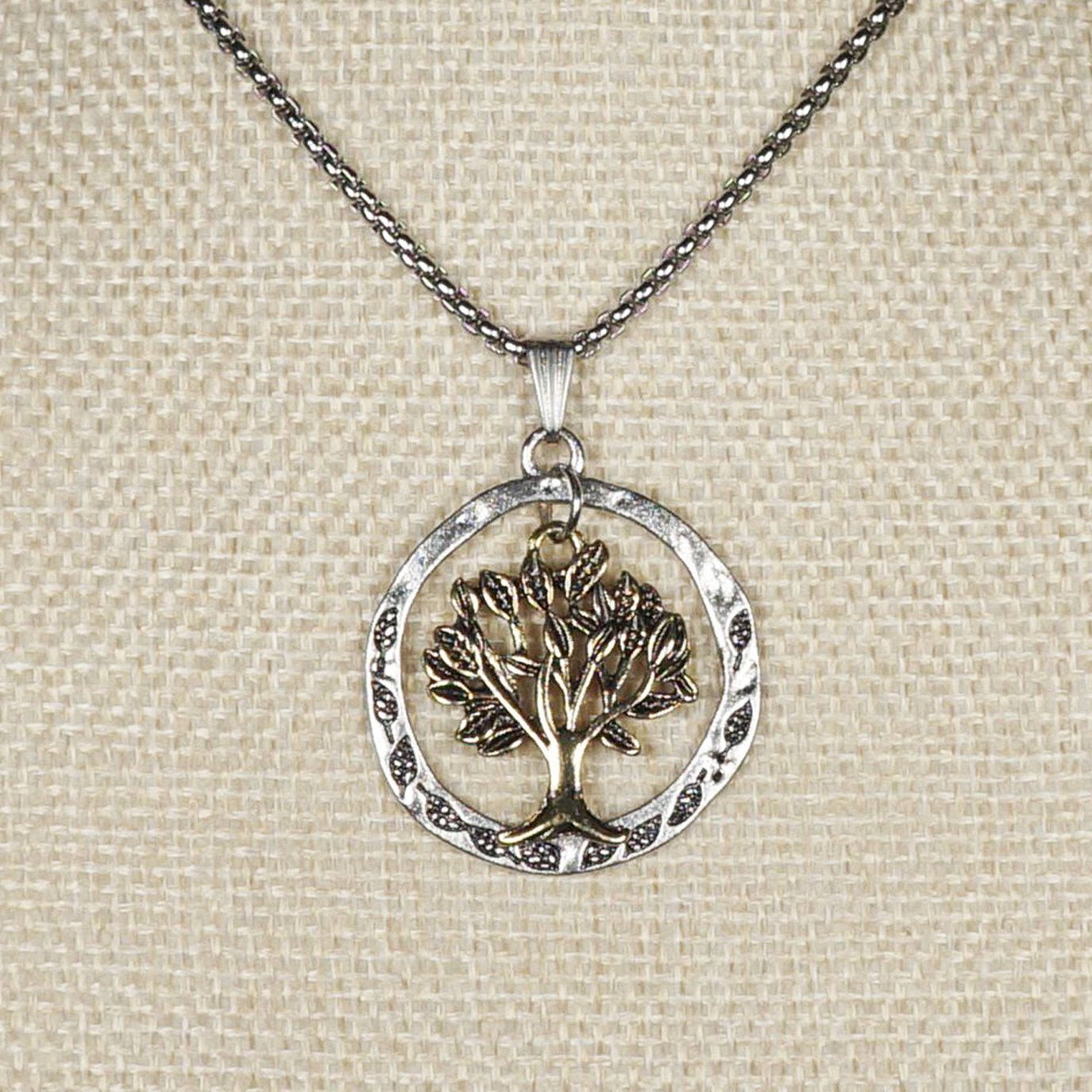 Tree of Life Gold & Silver Circle Pendant, Stainless Steel Chain Necklace, Length Choices