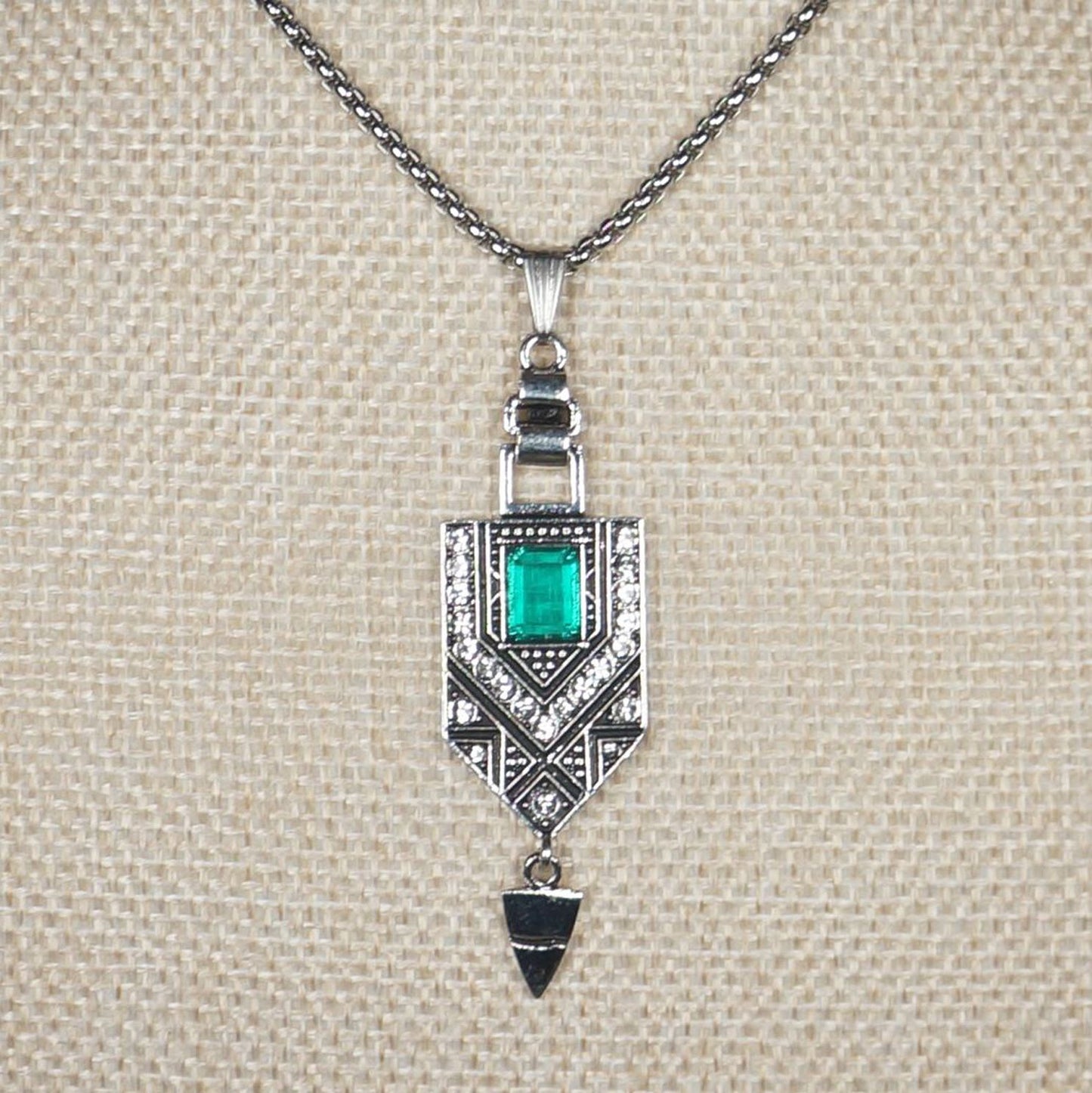 Art Deco Egyptian Inspired Silver & Green Vintage Pendant, Stainless Steel Chain Necklace, Length Choices