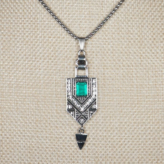 Art Deco Egyptian Inspired Silver & Green Vintage Pendant, Stainless Steel Chain Necklace, Length Choices