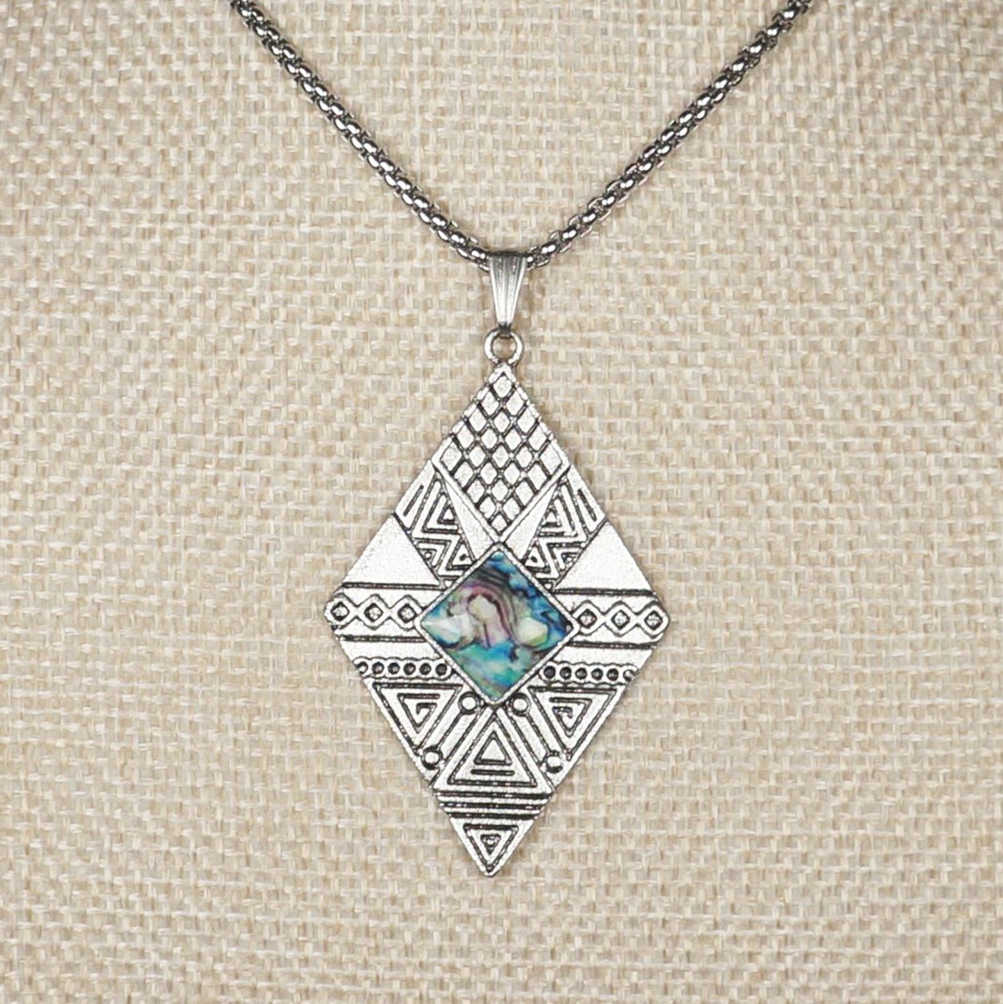 Aztec Inspired Silver and Blue Pendant, Stainless Steel Chain Necklace, Length Choices