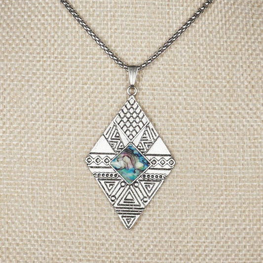 Aztec Inspired Silver and Blue Pendant, Stainless Steel Chain Necklace, Length Choices
