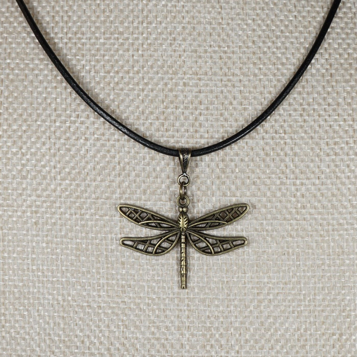 Cute Bronze Dragonfly Pendant, Black Leather Cord Boho Necklace, 16, 18 or 20 Inch.  Gift for Her