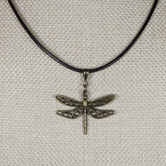 Cute Bronze Dragonfly Pendant, Black Leather Cord Boho Necklace, 16, 18 or 20 Inch.  Gift for Her