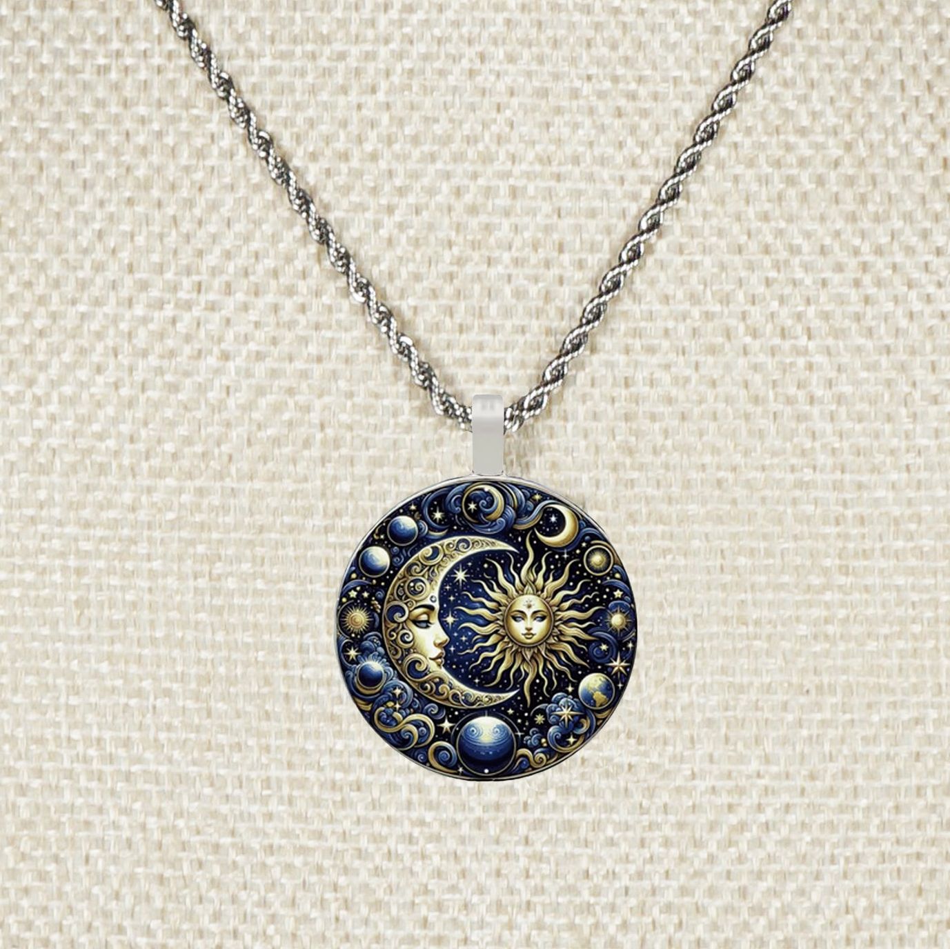 Intricate Highly Detailed Celestial Blue Sun Moon Boho Pendant, Stainless Steel Rope Chain Necklace, 20 Inch, Unisex Gift for Him or Her