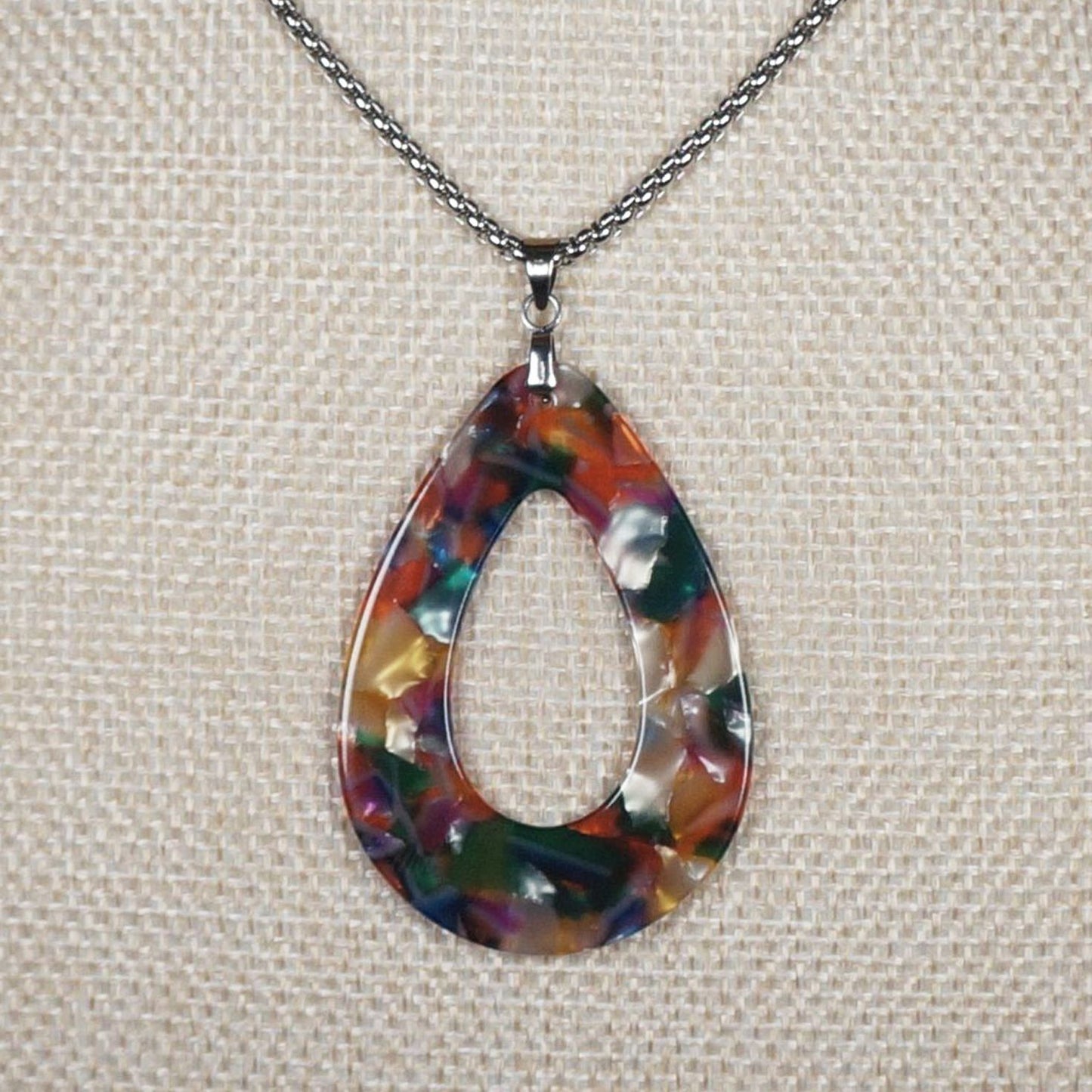 Acrylic Rainbow Teardrop Pendant, Stainless Steel Chain Necklace, Length Choices, Gift for Her