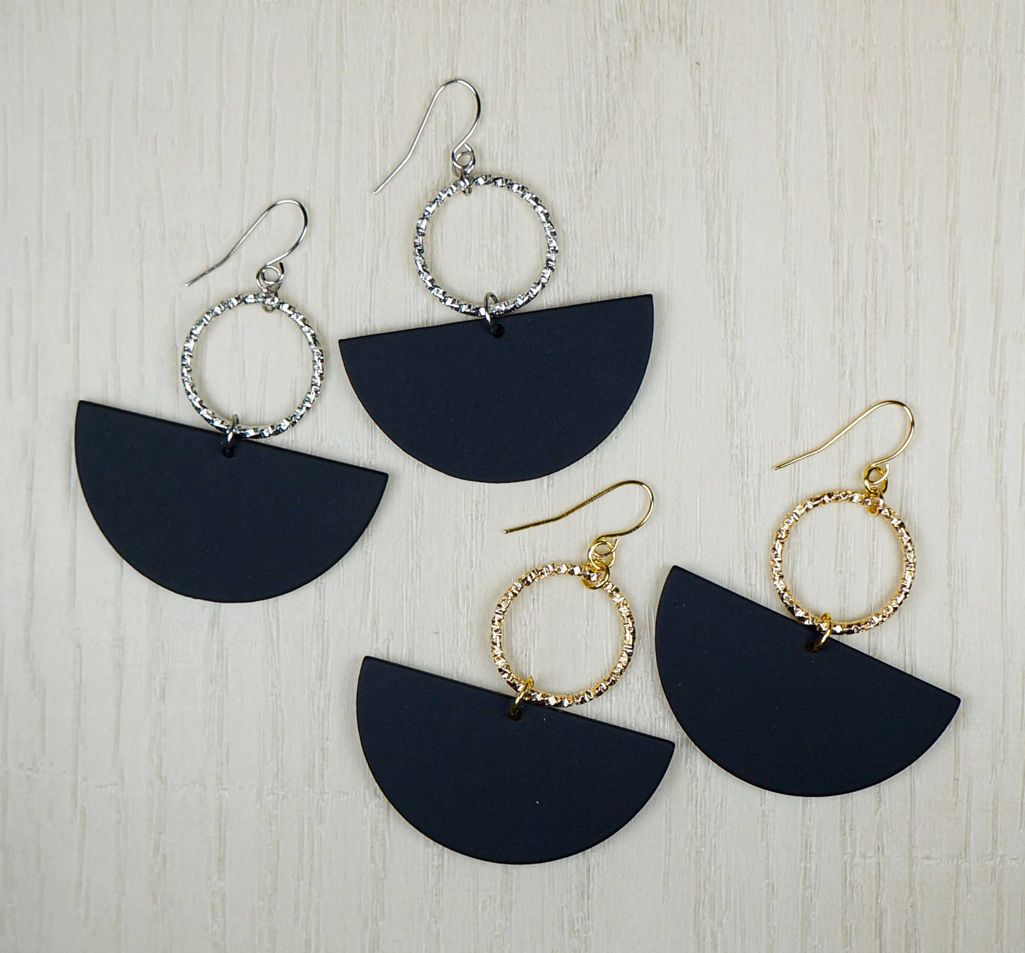 Gold or Silver & Black Acrylic Boho Statement Earrings Hypoallergenic Ear Wires, Gift for Her