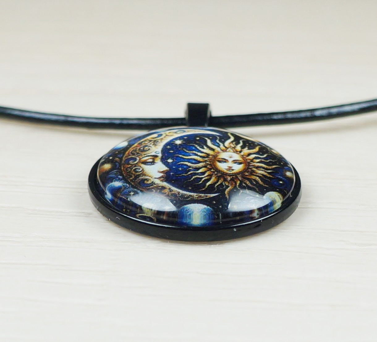 Blue Highly Detailed Sun Goddess & Moon Pendant Leather Cord Statement Necklace, Color and Length Choices