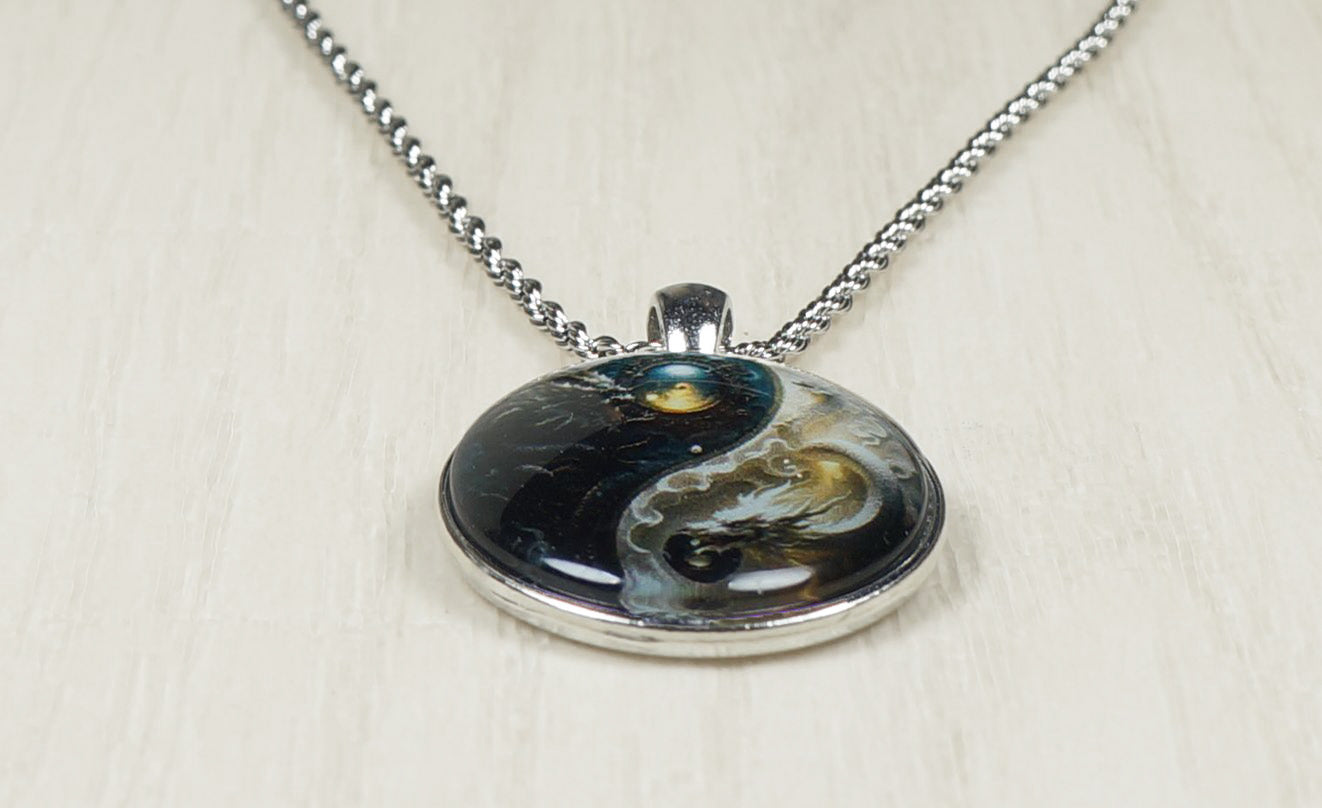 Intricate Highly Detailed Yin Yang Dragon Pendant, Stainless Steel Rope Chain, 20 Inch, Gift for Him or Her