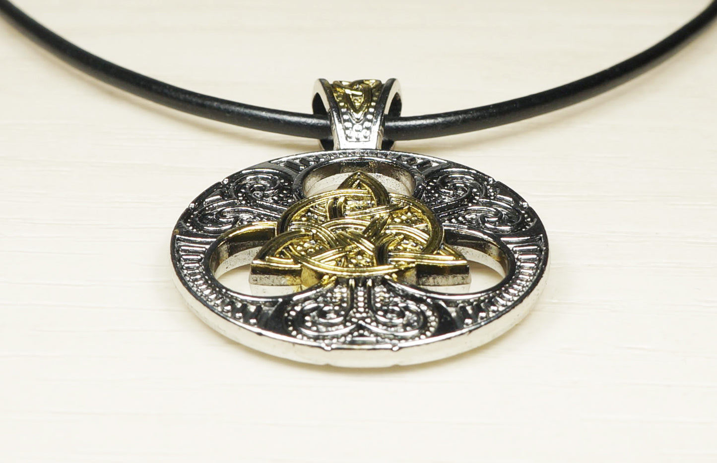 Gold & Silver Celtic Trinity Knot Statement Pendant Leather Cord Necklace on Black Greek Leather, Unisex Jewelry, Length Choices