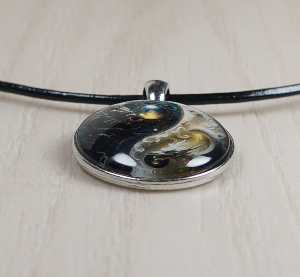 Intricate Yin Yang Highly Detailed 2-D Dragon Pendant Black Leather Cord Necklace, Length Choices, Gift for Her or Gift for Him