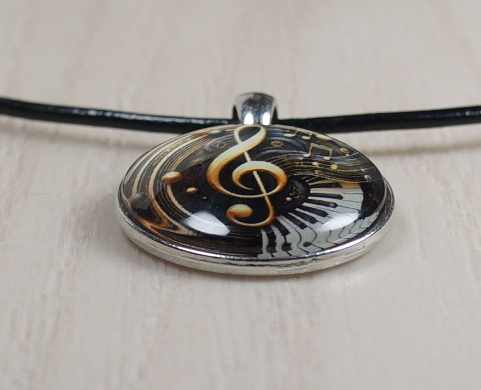 Intricate Highly Detailed 2-D Musical Treble Clef Pendant Black Leather Cord Necklace, Length Choices, Gift for Her or Gift for Him