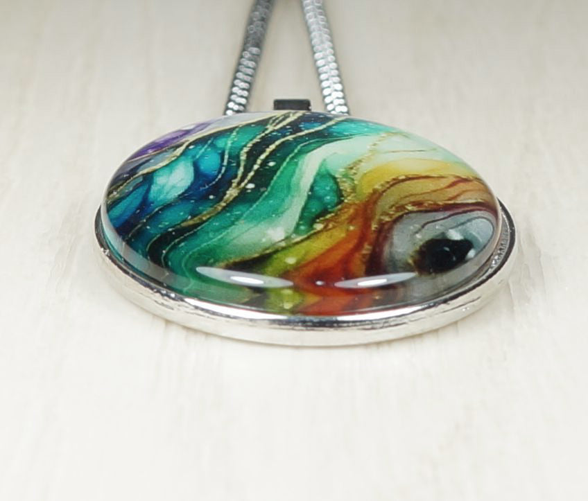 Intricate Highly Detailed Oval Colorful Rainbow Pendant, Stainless Steel Necklace, Length Choices