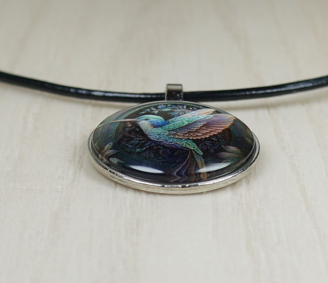 Intricate Highly Detailed 2-D Hummingbird Pendant Black Leather Cord Necklace, Length Choices, Gift for Her