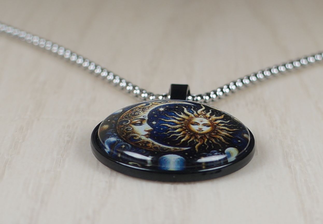 Celestial Blue Highly Detailed Sun Moon Boho Pendant, Stainless Steel Chain Necklace, Length Choices
