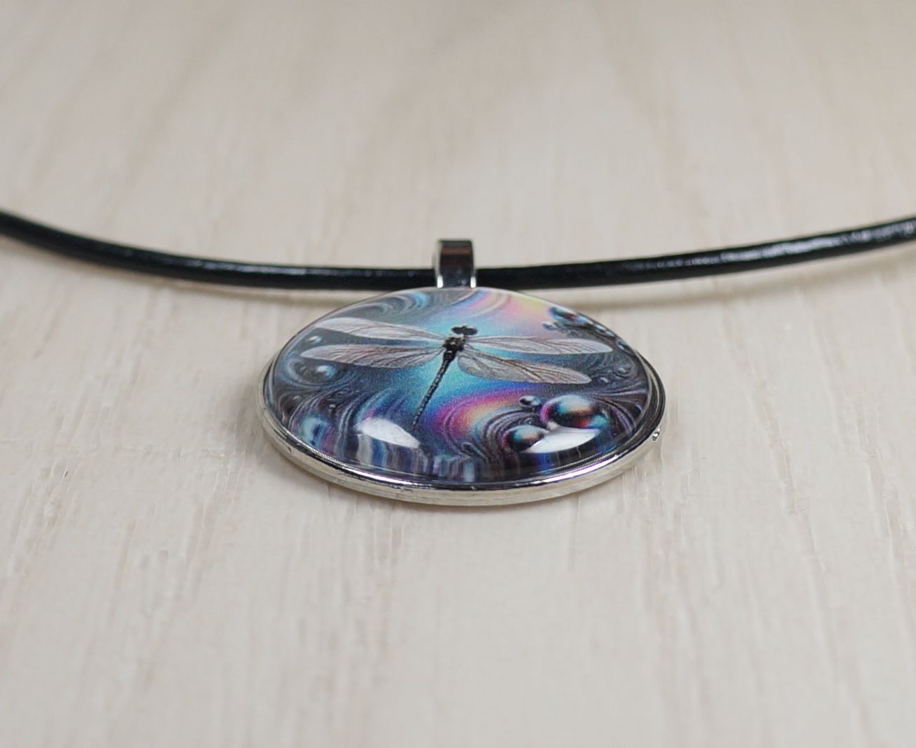 Mystical Rainbow 2-D Dragonfly High Detailed Pendant & Black Leather Cord Necklace, Length Choices, Gift for Her