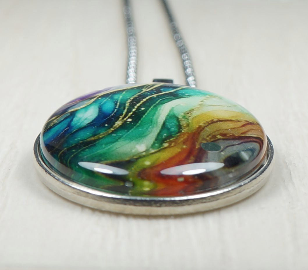 Intricate Highly Detailed Colorful Oval Rainbow Pendant, 20” Stainless Steel Rope Chain Necklace, Gift for Her