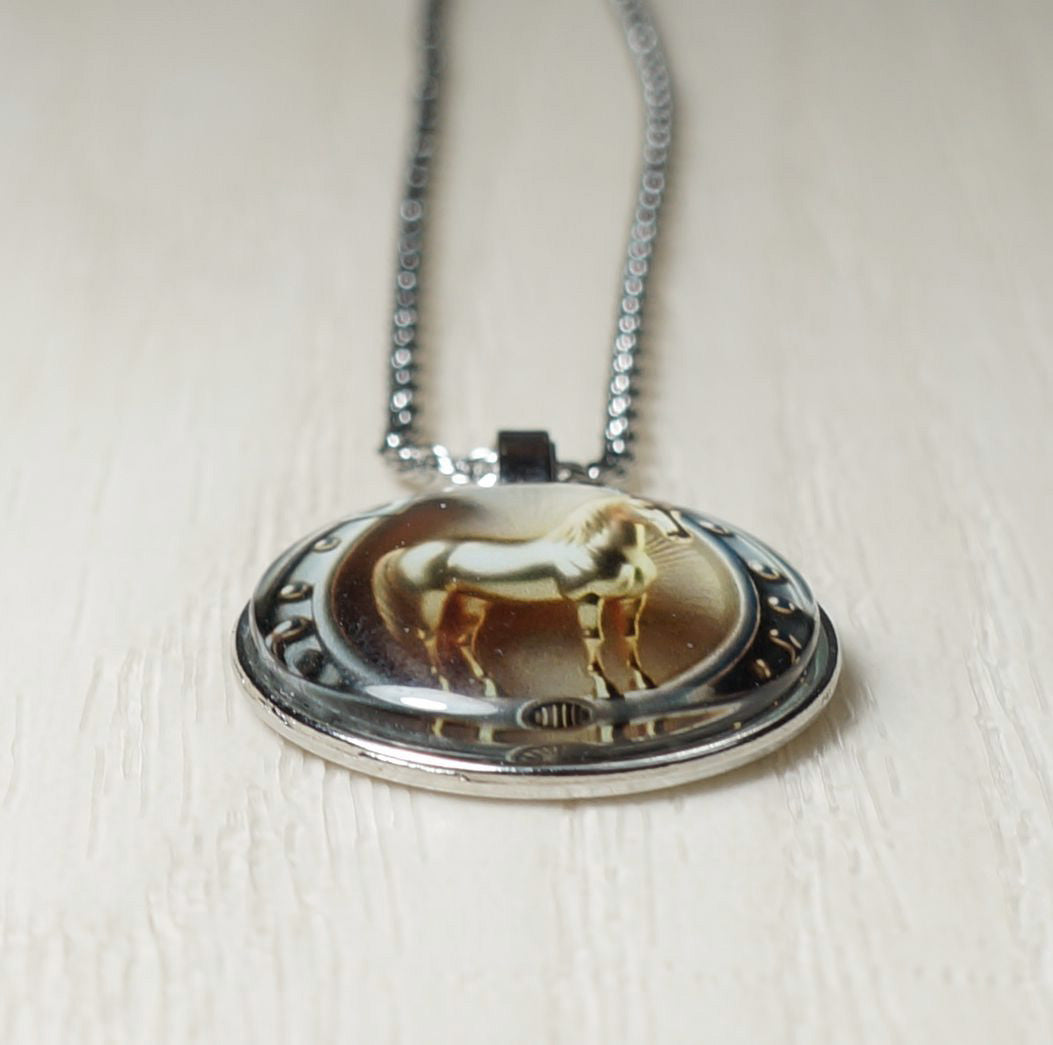 Intricate Highly Detailed Equestrian Horse & Horseshoe Pendant Necklace, Stainless Steel Rope Chain, 20 Inch, Gift for Him or Her