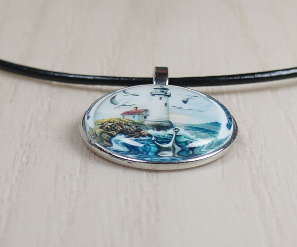 Intricate High Detail 2-D Lighthouse Pendant Black Leather Necklace, Length Choices, Gift for Her or Gift for Him