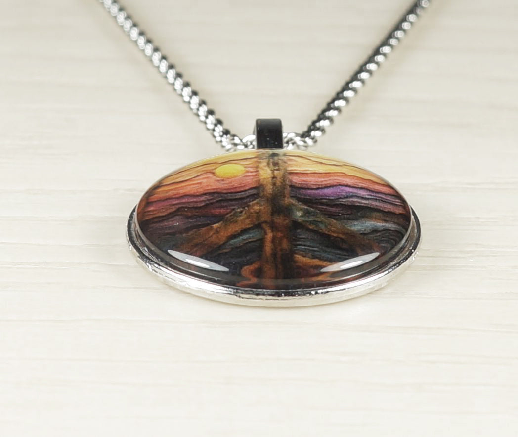 Intricate Highly Detailed Wood Look Peace Sign Pendant on Stainless Steel Rope Chain, 20 Inch