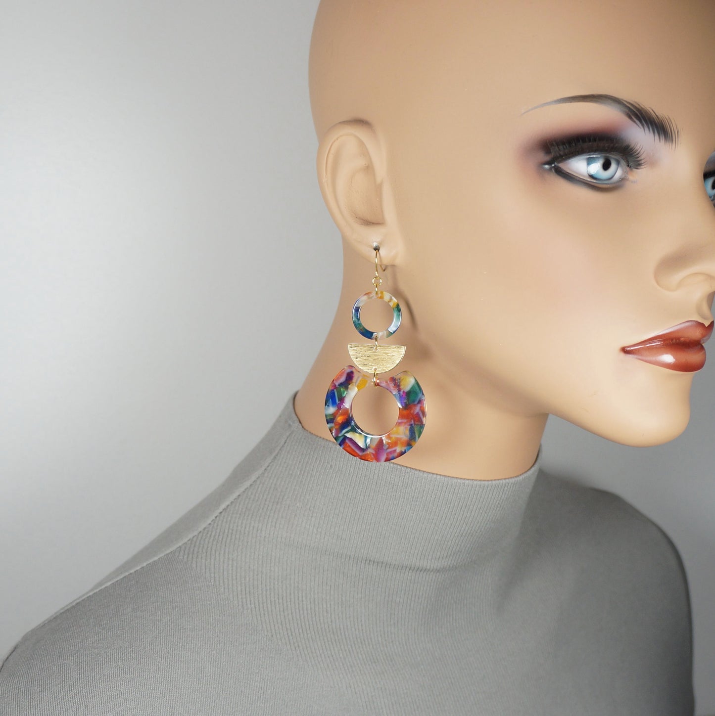 Multi Rainbow Color Acrylic Hoop Boho Statement Earrings, Platinum or 18K Wires