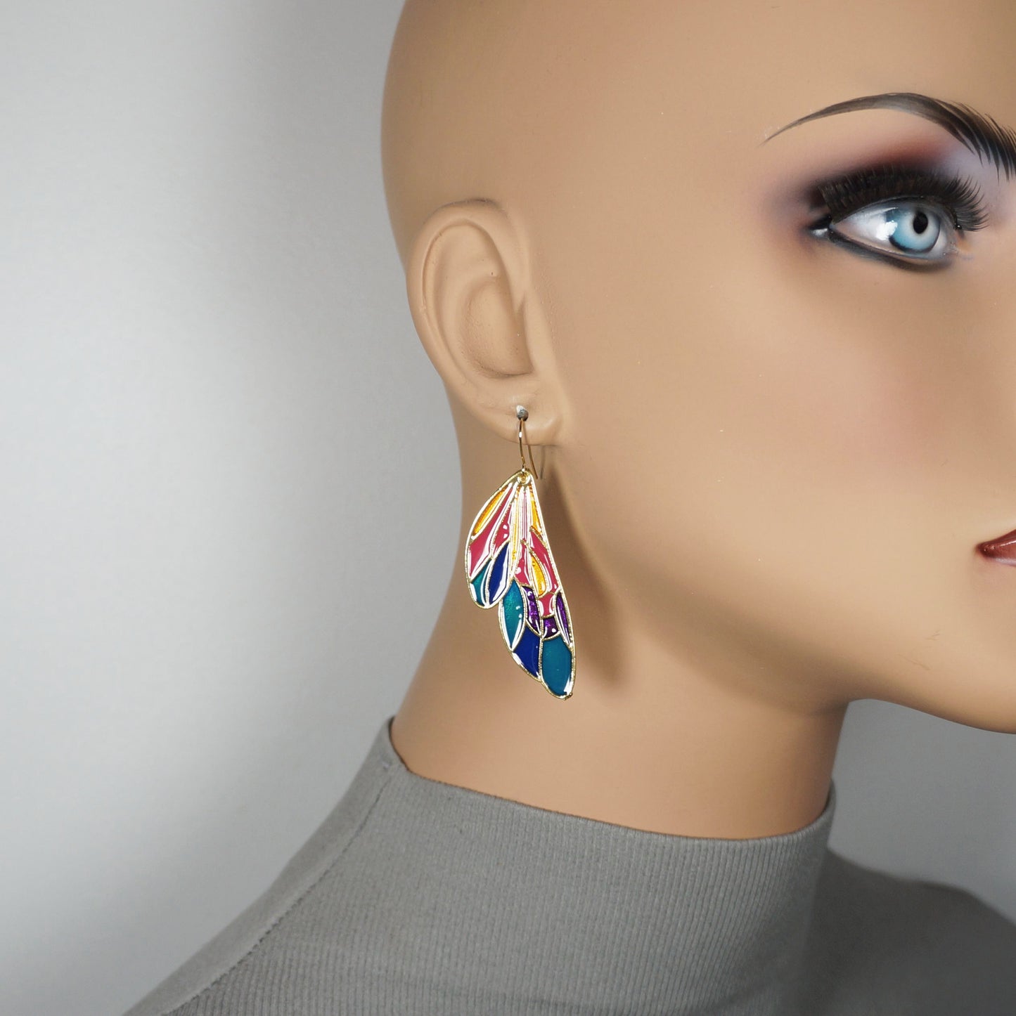 Graceful Multi Color Enamel Butterfly Wing Statement Earrings, Gold or Silver