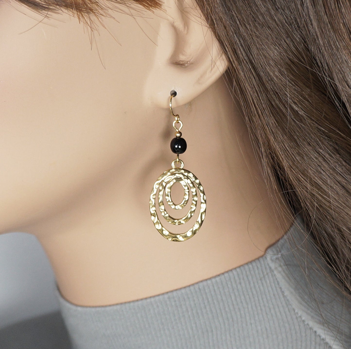 Gold Oval Hammered Drops with Black Beads, Lightweight Boho Statement Earrings, Hypoallergenic 18K Gold Ear Wires, Gift for Her