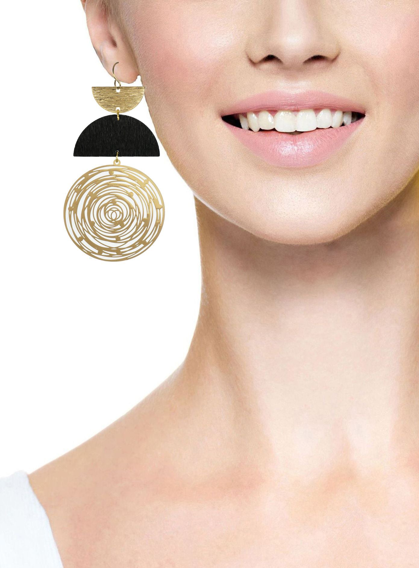 Large Black and Gold Boho Abstract Circle Hoop Statement Earrings, Nickel Free 18K Gold Hypoallergenic Earwires, Lightweight Gift for Her