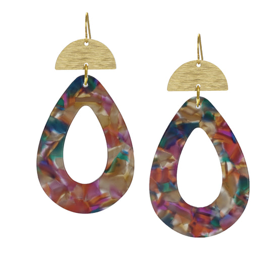 Vibrant Confetti Teardrop & Brushed Half Moon Boho Statement Earrings, Gold or Silver