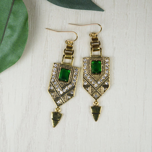 Vintage Art Deco Gold & Green Aztec Boho Statement Earrings, 18K Gold Ear Wires
