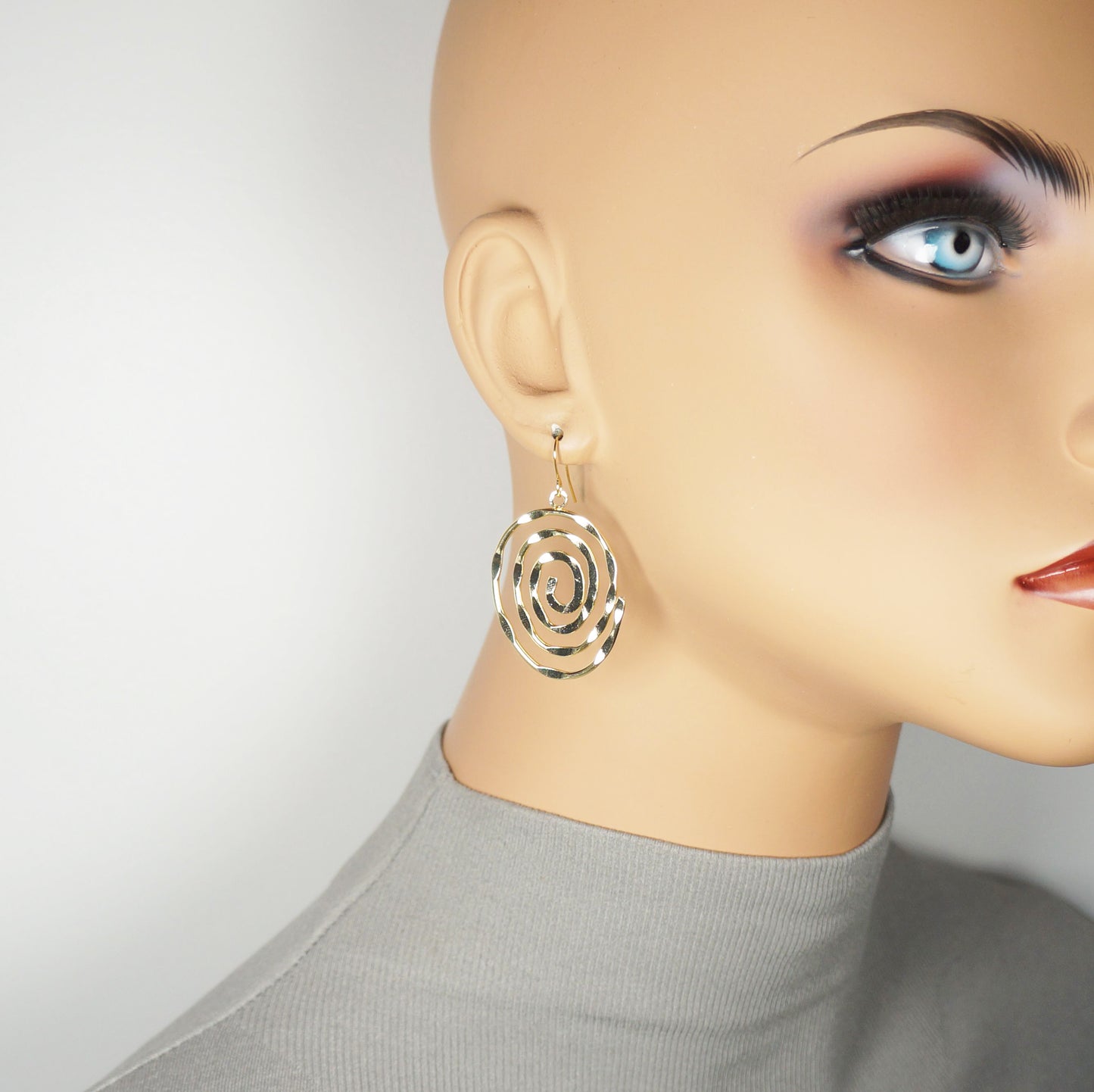 Lightweight Hammered Gold Spiral Statement Earrings, 18K Gold Ear Wires