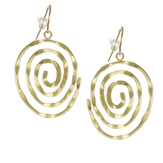 Lightweight Hammered Gold Spiral Statement Earrings, 18K Gold Ear Wires