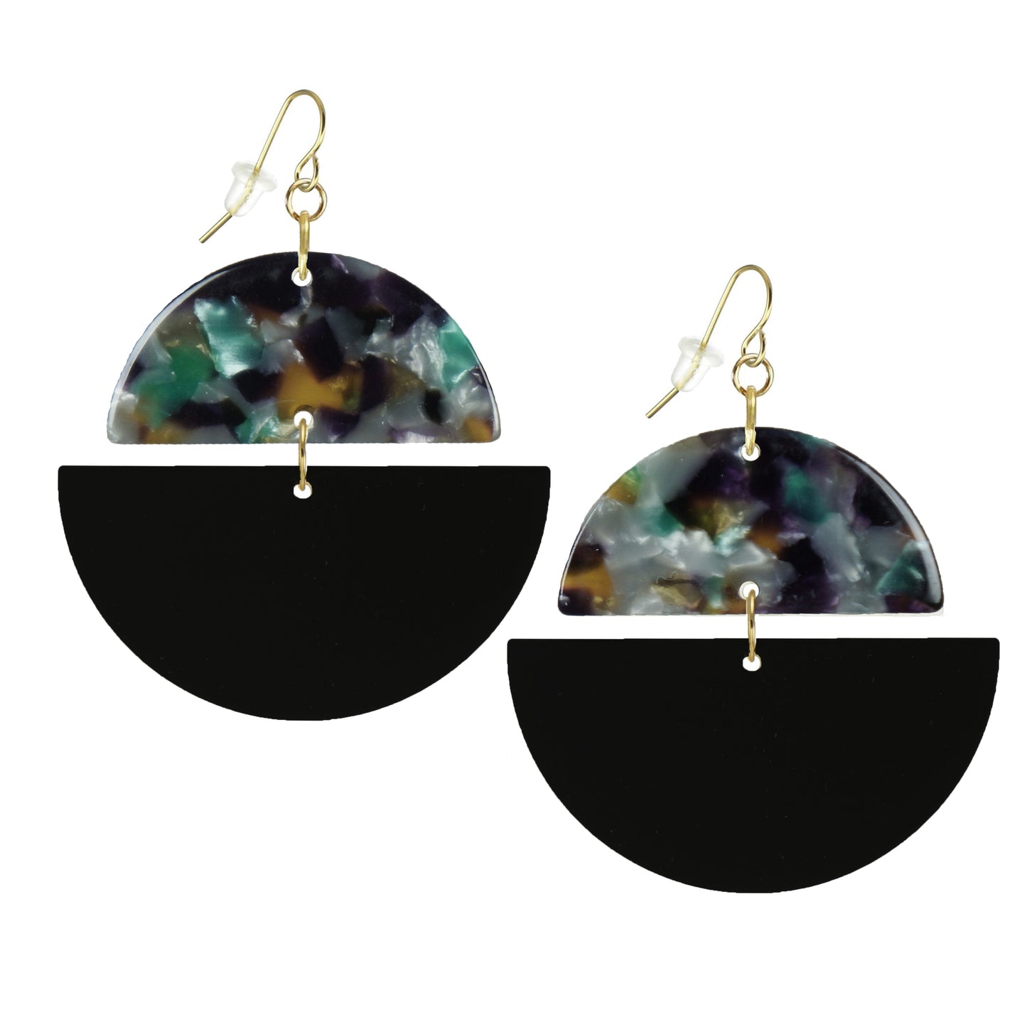Double Half Moon Black and Colored Acrylic Boho Hoop Statement Earrings, 18K Gold Ear Wires