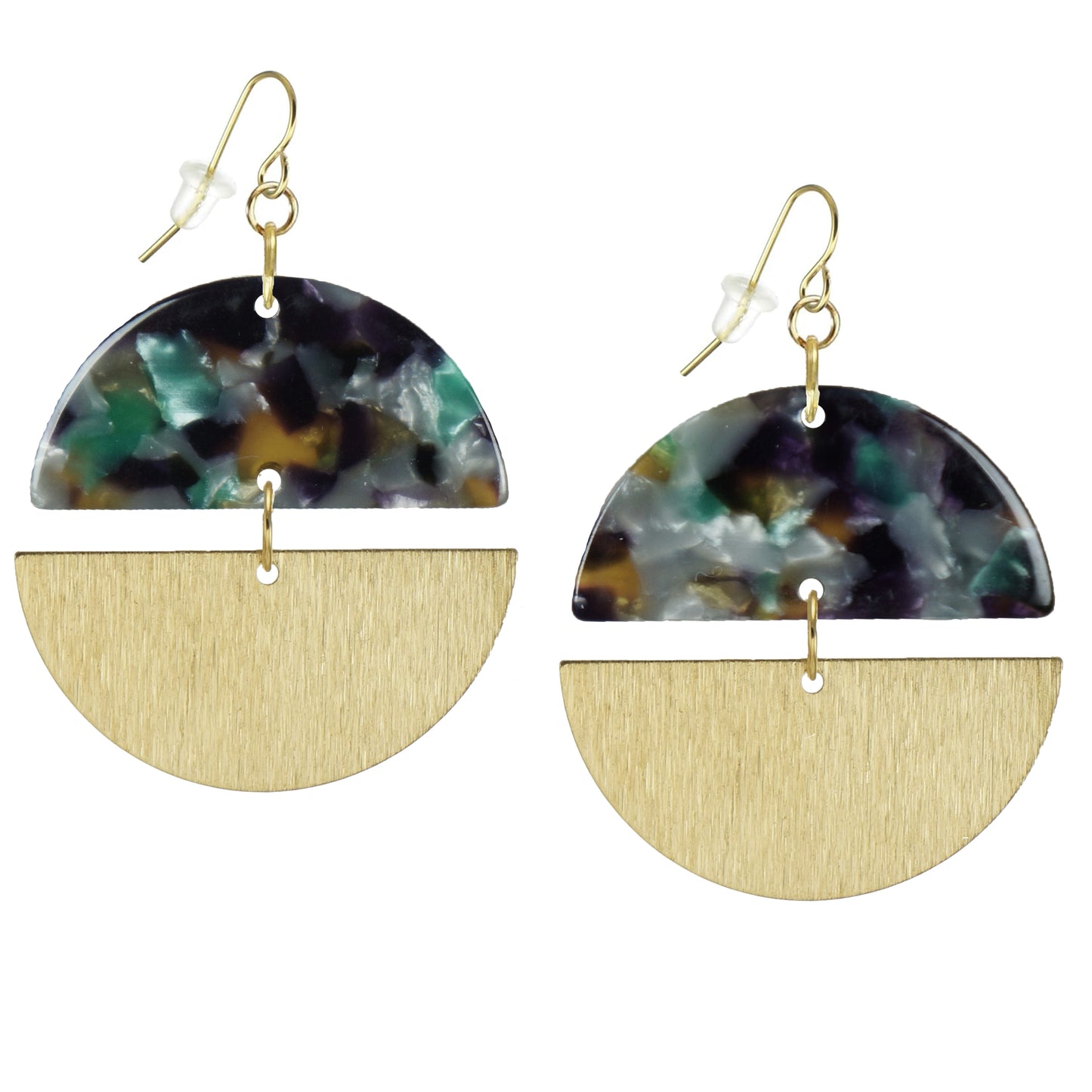 Double Gold and Colored Acrylic Boho Statement Earrings, 18K Gold Ear Wires