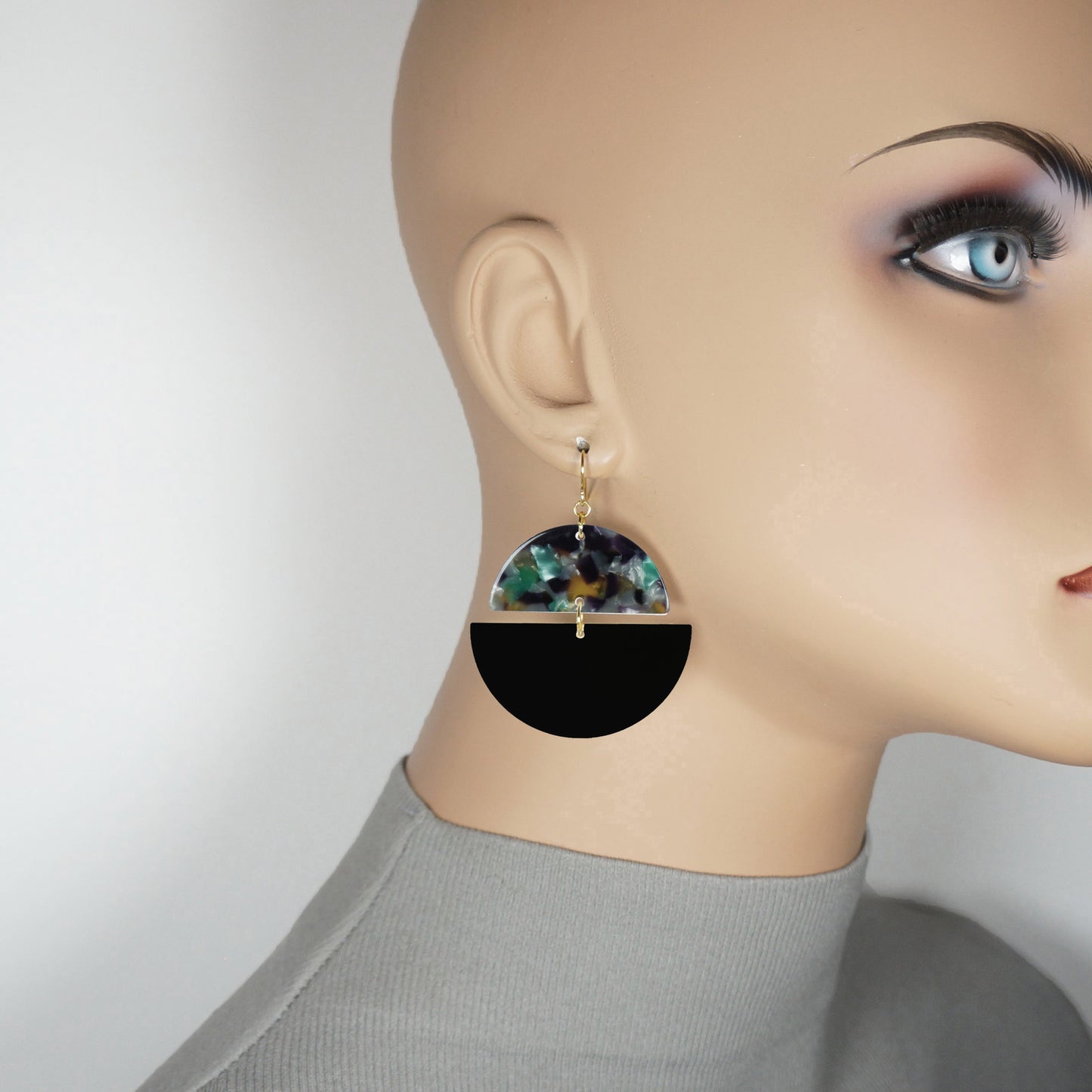 Double Half Moon Black and Colored Acrylic Boho Hoop Statement Earrings, 18K Gold Ear Wires