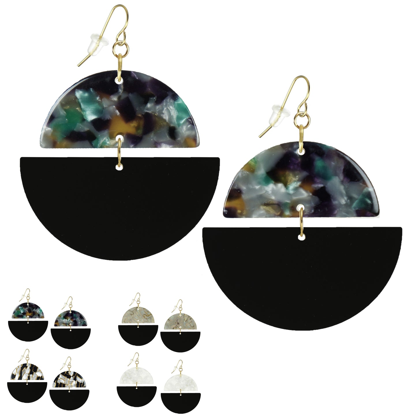 Double Half Moon Black and Colored Acrylic Boho Hoop Statement Earrings, 18K Gold Ear Wires