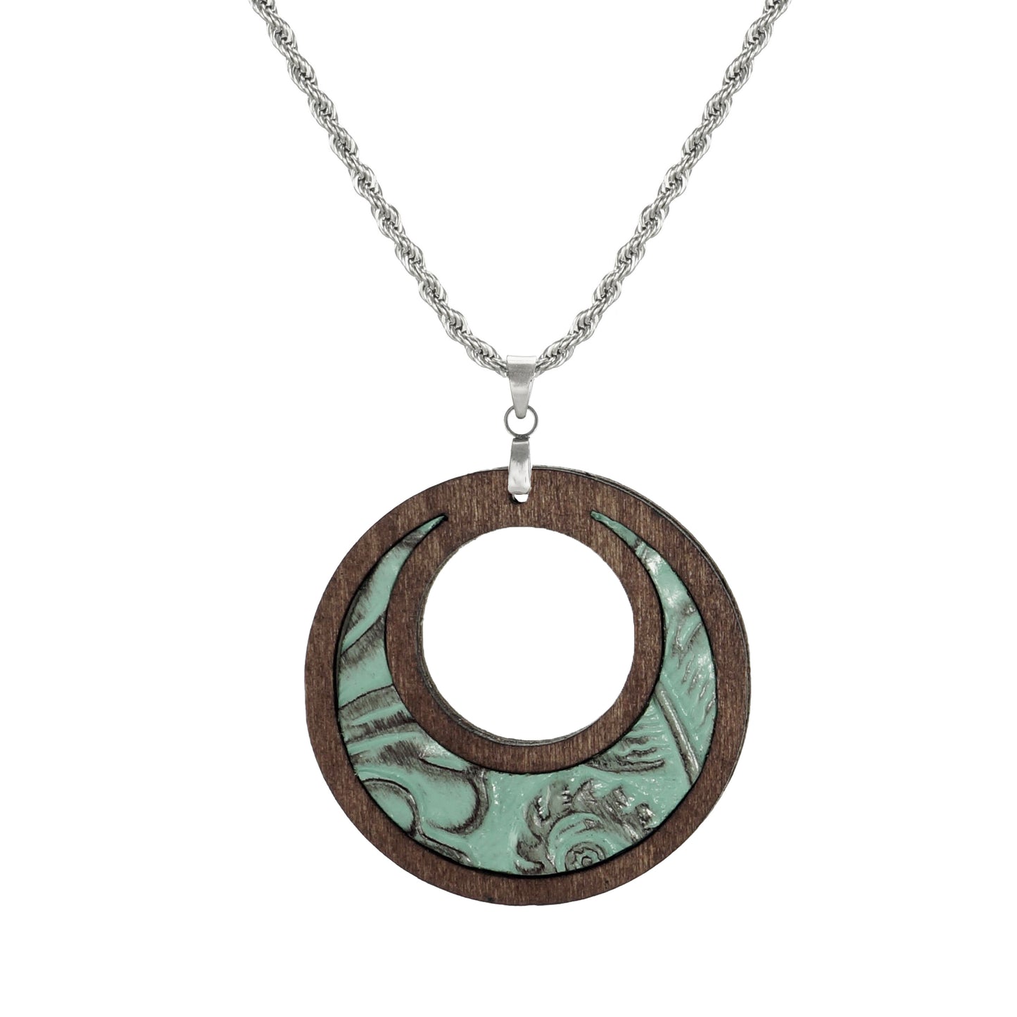 High Quality Stainless Steel Rope Chain with Brown and Green Boho Wood Statement Pendant – 19 1/2 inches