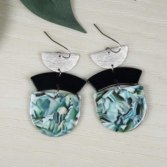 Green & Black Acrylic with Silver Boho Statement Earrings, Platinum Ear Wires